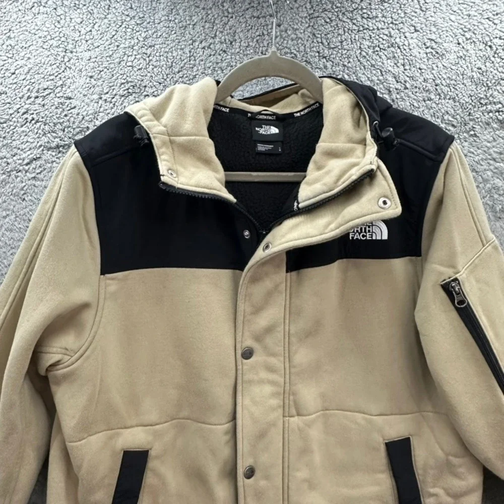 The North Face Men's Large Fleece Hooded Jacket Tan Black Colorblock Full Zip